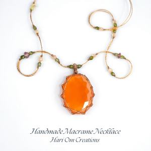 Handmade Orange Carnelian Macrame Pendant Necklace Faceted Bright Orange Stone Boho Healing Jewelry - Product Image 4