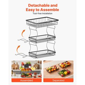3-Tier Metal Wire Countertop <b>Fruit</b> and Vegetable <b>Storage</b> Basket with Banana Hangers Practical Countertop Display Stand - Product Image 3
