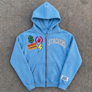Sweat-shirt à capuche zippé unisexe surdimensionné en patchwork brodé, style streetwear, bleu, en tissu French Terry, pour l'automne - Product Image 3