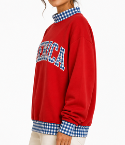 Manufacturer Custom Logo Women's <b>Mock</b> <b>Neck</b> Sweatshirt Letter Applique Patchwork Loose Long Sleeve Contrast Polka Dot <b>Top</b> - Product Image 4
