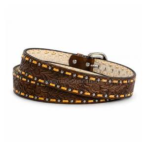 Vintage Western Floral Tooled Leather <b>Belt</b> for Men with Antique <b>Silver</b> Pin <b>Buckle</b> - Product Image 2