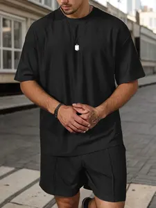 Chándal de verano transpirable de talla grande de 2 piezas para hombre, conjunto informal de camisa y pantalones cortos con hombros caídos, ropa de calle, traje de salón - Product Image 2