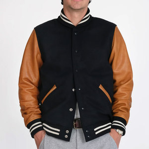<b>Men's</b> Navy Wool Varsity <b>Jacket</b> With Brown <b>Leather</b> Sleeves Stand Collar Button Closure Casual Autumn Wear Varsity <b>Jacket</b> - Product Image 2