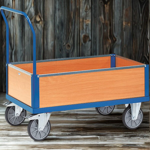Heavy duty wooden side panel platform <b>trolley</b> cart <b>with</b> caster wheels for warehouse industrial transport use - Product Image 3