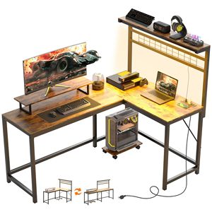 61.6\" Rustic Brown L-Shaped <b>PC</b> Desk with LED Lights Power Outlets Monitor <b>Stand</b> CPU Shelf for Gaming - Product Image 1