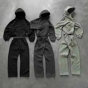 Conjuntos de sudaderas con capucha y pantalones de chándal al por mayor OEM, con lavado a la piedra, personalizados con etiqueta privada, ropa gruesa para hombre, conjuntos de chándal con lavado ácido. - Product Image 1