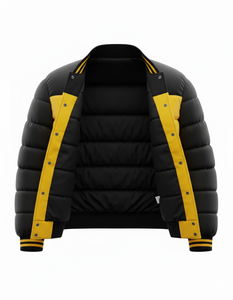 Veste bomber d'hiver pour homme, noire et jaune, style varsity, avec boutons-pression, streetwear, col et poignets côtelés, coupe ajustée - Product Image 2