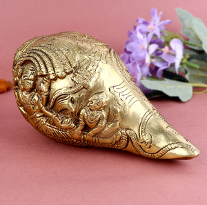 Exquisite brass conch shell studded with colorful green stone <b>mosaic</b> work for home temple decor, available at wholesale prices. - Product Image 3