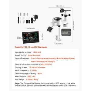 Stazione Meteo Wireless con Display VA da 7,5 Pollici, Alimentata a Energia Solare, Previsioni Meteo per Interni/Esterni con Sensore Pluviometro - Product Image 6