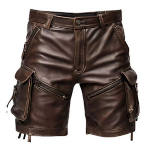 Shorts cargo en cuir pour homme, style motard, avec poches zippées, taille mi-haute, fermeture boutonnée, longueur Bermuda - Product Image 1