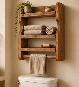 Étagère murale en bois pour salle de bain à 3 niveaux avec barre porte-serviettes, design scandinave, unité de rangement gain de place - Product Image 3