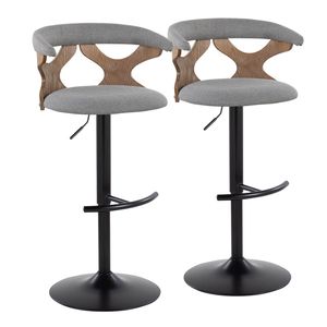 Sgabello da Bar Contemporaneo Gardenia Regolabile e Girevole in Legno Sbiancato, Metallo Nero e Tessuto Grigio Chiaro con Design Arrotondato - Product Image 1
