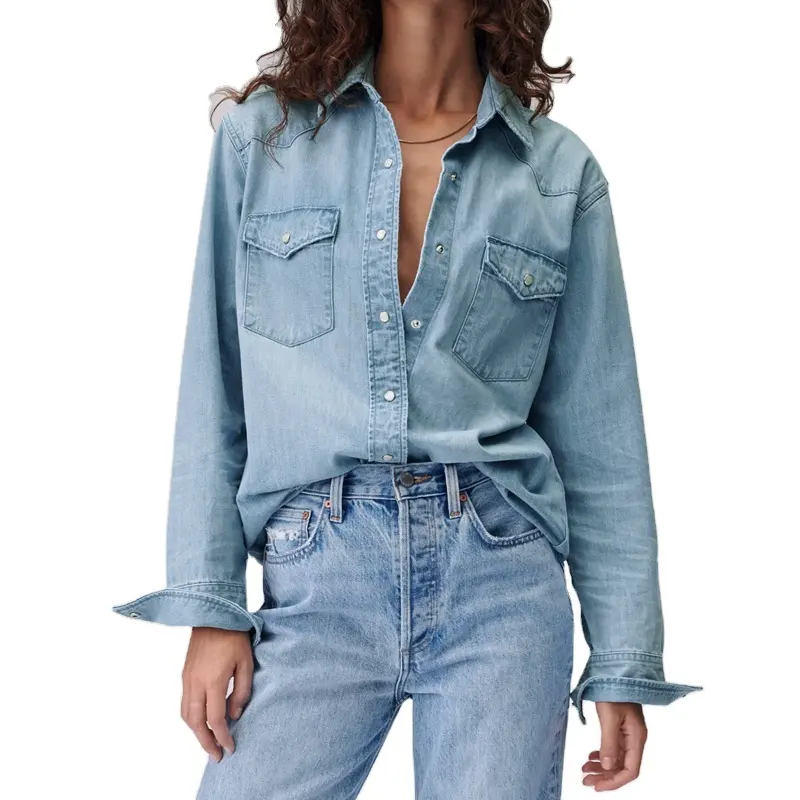 turn over collar long sleeve jeans color design button up style loose fit custom logo women casual shirt