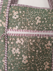Green Floral Quilted Cotton Tote <b>Bag</b> with Double Handles and Zipper Closure <b>Medium</b> <b>Size</b> Shoulder <b>Bag</b> - Product Image 5