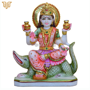 Marble Ganga Mata Statue - 12 Inch | Seated Ganga Devi Murti with Crocodile and Sacred Water Pots by MALIYAS Jaipur - Product Image 2