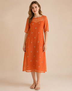 Vestido Midi Naranja Dulce con Estampado Digital Tejido Natural para Mujer, Manga Media, Verano, Casual, Servicio OEM - Product Image 1