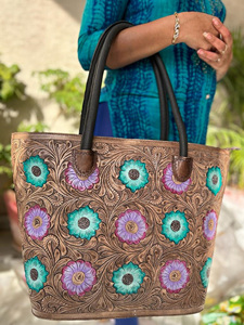 New Fashion Turquoise <b>Purple</b> Flower Hand Tooled Leather Tote Purse Western Floral Genuine Leather Women's Custom Cowhide Purse - Product Image 2