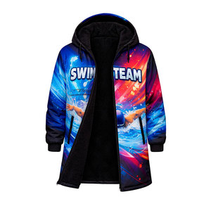 New Design Swim Parka <b>Jacket</b> for Swimmers, <b>Long</b> Insulated Hooded Coat with Premium Fabric, Stylish Blue Gradient Wave Print - Product Image 3