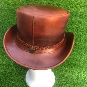 Premium quality custom Handmade unisex Brown Leather Top <b>Hat</b> – Steampunk Victorian Braided <b>Band</b> - Product Image 4