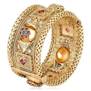24K Gold Plated Alloy Bangles With <b>Ruby</b> And Emerald Stones Flower Pattern Women's Wedding Jewelry Classic Style - Product Image 3