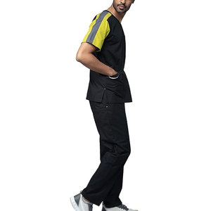 Ensembles de blouses médicales pour hommes, ensemble haut et bas, noir et jaune, manches courtes, col en V, polyester, uniformes d'hôpital pour le personnel médical, vêtements de travail - Product Image 2