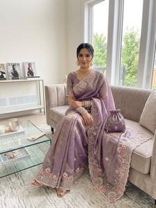 Designer Embroidery Sequence Coding Work And Thread Work In Border Fandy Satin <b>Saree</b> With Running Embroidery Work Blouse Piece - Product Image 5
