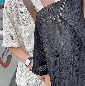 Camisa de manga corta asimétrica de encaje negro para mujer, cuello vuelto, corte holgado, estampado geométrico, primavera verano - Product Image 2