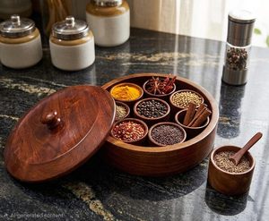 Sheesham Wood Masala <b>Box</b> with Compartments <b>Wooden</b> Spoon for Kitchen Storage - Product Image 6