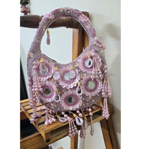 Luxury Pearl Embroidered Cotton Fabric <b>Clutch</b> Bag Bridal Moon Shape <b>Wedding</b> Party Ethnic Festive Wear Fashion Handbag Bulk Order - Product Image 1