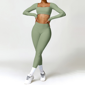 Ensemble haut court sans couture à manches longues et leggings de yoga taille haute pour femme – Tenue de sport respirante pour fitness et entraînement - Product Image 5