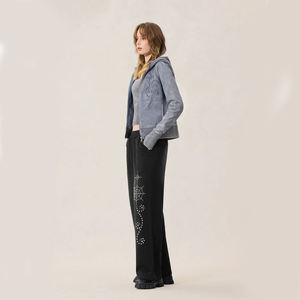 Pantalones de Mujer de Primera Calidad con Estampado de Diamantes de Imitación, Corte Bootcut, Efecto Desgastado por el Sol, Cintura Elástica, Lavado Ácido - Product Image 3