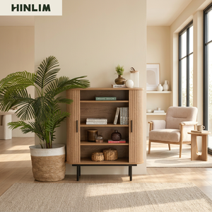Mueble de Salón Moderno y Duradero de Madera, Diseño Mu-ji, Mueble de Almacenamiento con 4 Compartimentos, Puertas de Tablero y Patas de Metal Negro - Product Image 4