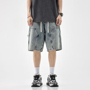 <b>mens</b> relaxed fit denim shorts oversized cargo shorts light blue wash vintage elastic waist white drawstrings worker style - Product Image 5