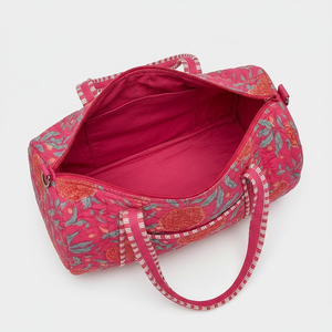 Quilted Floral Duffel <b>Bag</b> Pink Cotton Weekender Travel <b>Bag</b> with Striped Handles Women <b>Overnight</b> Gym <b>Bag</b> - Product Image 3