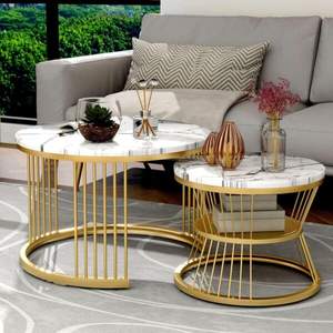Luxury Modern Marble-Finish Nesting Coffee <b>Table</b> Set with Gold Metal Frame and Combination Design - Product Image 5