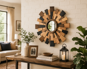 Handmade Rustic Farmhouse Bohemian Modern Rustic 4mm Thick Wooden Sunburst Decorative Wall <b>Mirror</b> for Living Room Bedroom Home - Product Image 6