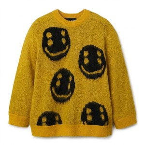 Pull en tricot jaune moutarde avec motif visage souriant, col rond confortable, motif visage joyeux et ludique, décontracté, unisexe, hiver - Product Image 1
