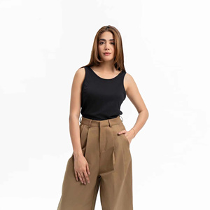 Wholesale Price <b>Women's</b> Black Cotton Tank Top Scoop Neck Minimalist Solid Knitted Breathable Regular Length - Product Image 3