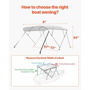 Atap Bimini Kapal Poliester 600D 4-Bow Warna Abu-Abu Muda Rangka Aluminium Alloy Tahan Air Pelindung Matahari 96\"Lx(67\"-72\")Wx54\"H 2 Penyangga - Product Image 5