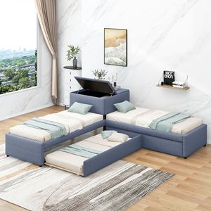 Letto a piattaforma a L grigio imbottito con letto estraibile e due cassetti collegati a scrivania integrata - Product Image 1
