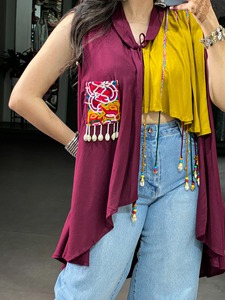 Two Tone African Boubou <b>Kaftan</b> Vest Sleeveless V Neck Front Drawstring Ruffle Trim Ethnic Women Outfit - Product Image 2