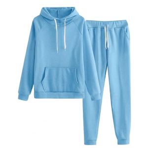 Light Blue Hooded Tracksuit Set Full Sleeve Solid Color Casual Loose Fit Drawstring <b>Pants</b> and Sweatshirt 100% Cotton Autumn - Product Image 1