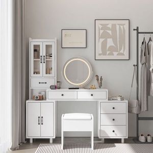 Toeletta Moderna Europea in Legno con Specchio Illuminato, Estensibile, per Camera da Letto e Uso Domestico, Realizzata in MDF - Product Image 1