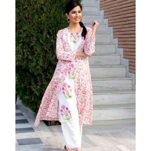 Conjunto de Kurta para Mujer en Rosa Poppy, Talla XS, Transpirable, de Algodón y Fibra de Bambú, con Chaqueta de Manga Tres Cuartos - Product Image 6