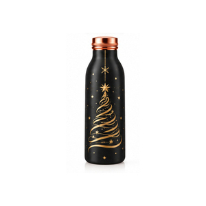 Bouteille d'eau en métal noir avec motif d'arbre de Noël doré, gourde de voyage portable, style glamour, couvercles inclus - Product Image 1