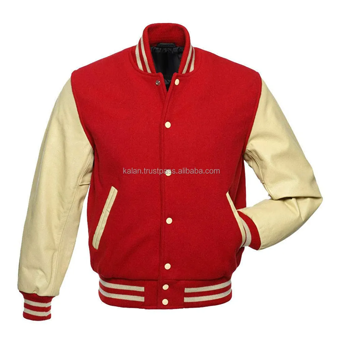 Custom Red Color Wool Varsity Jacket With Khaki Real Leather Sleeves Basketball Varsity Jacket Men Coat Bomber Jacket