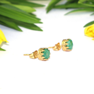 Luxury Fashion Fancy Shape 7 MM Dyed Emerald Gemstone 24k Gold Plated Crown <b>Stud</b> <b>Earring</b> For Women Girls Wholesale Bulk Jewelry - Product Image 4