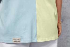 ONETEN APPARELS Women's Color Block T-Shirt Pastel Blue and Yellow Short Sleeve <b>Top</b> - Product Image 6