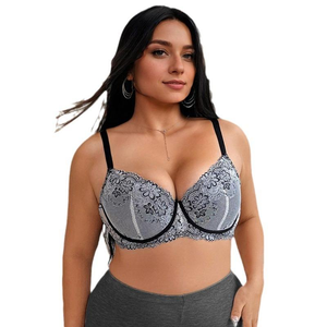 Sujetador Push-Up sin Aros de Encaje Gris para Mujer, Copa Tres Cuartos, Tirantes Ajustables, Espalda en U, Transpirable, con Pedrería, Tejido Elegante - Product Image 1