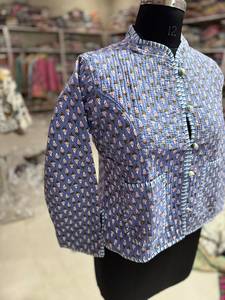 Blue <b>Quilted</b> Cotton <b>Jacket</b> Women Mandarin Collar Floral <b>Pattern</b> Full Sleeve Autumn Wear Pullover Style GIFT FOR HER - Product Image 4
